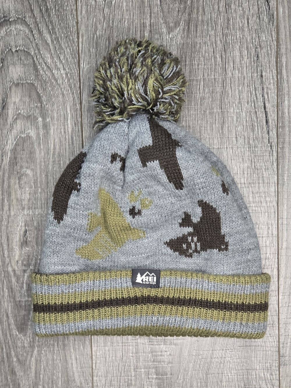 REI Kids Grey Olive & Brown Bird Pom Beanie